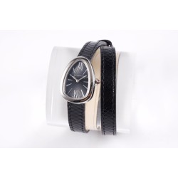 ブルガリ Serpentiシリーズ レディース腕時計 クォーツ（Calibre B033）直径27mm エナメル（琺瑯）ブラック ホワイトパールムター（白真珠母貝） 27mm・ステンレススチール（精鋼）製 