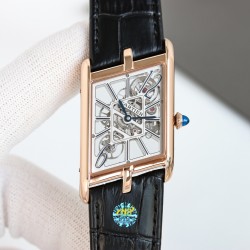 カルティア「タンク スケルトン」シリーズ  47.15mm × 26.2mm  - シルバー（銀枠）  シルバーダイヤモンドセット  ローズゴールド サファイアクリスタル 伝統の焼入れブルースチール針  宝石セット クラシックピンバックル  最高峰のスケルトン仕上げ 「着け心地の追求」- 軽量設計で長時間装着も快適  スイス・ロンダ（Ronda）4S20ベース改造機械式  スケルトン カルティア伝統のスクエア型  