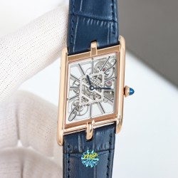 カルティア「タンク スケルトン」シリーズ  47.15mm × 26.2mm  - シルバー（銀枠）  シルバーダイヤモンドセット  ローズゴールド サファイアクリスタル 伝統の焼入れブルースチール針  宝石セット クラシックピンバックル  最高峰のスケルトン仕上げ 「着け心地の追求」- 軽量設計で長時間装着も快適  スイス・ロンダ（Ronda）4S20ベース改造機械式  スケルトン カルティア伝統のスクエア型  