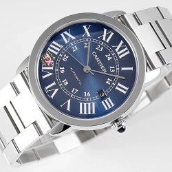 カルティア「ロンド・ド・カルティエ」コレクション W6701010～洗練された紳士のための傑作時計～純正Miyota9015改良型(低軸設計) ローマ数字+剣型ブルースチール針深藍スピネル(カプセル型デザイン) ドーム型サファイアクリスタル 直径42mm×厚さ8.6mmケース側面の微妙な曲線美 特殊防音処理理を施した自動ローター 日付表示機能付き3針モデル  特許取得のクイックチェンジ機構  多層構造の文字盤処理 人間工学に基づいたケース設計