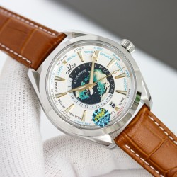 オメガ OMEGA [サイズ]：43mmサファイアクリスタルガラス、Air二層無色コーティング [Airコーティングにより、ガラス板がより透明になり、強い光の下でも時刻を読み取ることができます] 316L精鋼の時計ケースで、すべての細部に対してCNC加工を行います。精鋼で研磨された指針は、非常に強い効果を持っています。研磨された面はより滑らかです [ダイヤル]すべての模様は一体成型で、立体感を十分に表現しています。複数層のダイヤルを重ね合わせて固定しており、ダイヤル中央の北半球の世界時はエナメル工芸で焼成