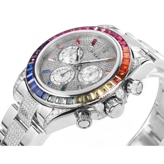 レインボーの頂上を飛び越える---ロレックス ROLEX レインボービーズのデイトナ プラチナメントの目、Cal.7750メカニカルクロノグラフ「二代目レインボーデイトナ」のケースとバンドは316Lステンレス鋼を使用しています。時計ケースのすべての細部は、さらに人工的な工程で磨き上げ、研磨され、検査されており、仕上がりは非常に精巧です。ビーズの角度と宝石の大きさ、数、色はレインボーのようにグラデーションしています。ガラスにはサファイアガラスを使用しており、透き通った鏡面効果があります。ムーブメントには77 レインボーの頂上を飛び越える---ロレックス ROLEX レインボービーズのデイトナ プラチナメントの目、Cal.7750メカニカルクロノグラフ「二代目レインボーデイトナ」のケースとバンドは316Lステンレス鋼を使用しています。時計ケースのすべての細部は、さらに人工的な工程で磨き上げ、研磨され、検査されており、仕上がりは非常に精巧です。ビーズの角度と宝石の大きさ、数、色はレインボーのようにグラデーションしています。ガラスにはサファイアガラスを使用しており、透き通った鏡面効果があります。ムーブメントには77