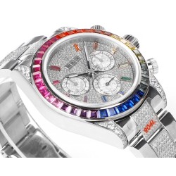 レインボーの頂上を飛び越える---ロレックス ROLEX レインボービーズのデイトナ プラチナメントの目、Cal.7750メカニカルクロノグラフ「二代目レインボーデイトナ」のケースとバンドは316Lステンレス鋼を使用しています。時計ケースのすべての細部は、さらに人工的な工程で磨き上げ、研磨され、検査されており、仕上がりは非常に精巧です。ビーズの角度と宝石の大きさ、数、色はレインボーのようにグラデーションしています。ガラスにはサファイアガラスを使用しており、透き通った鏡面効果があります。ムーブメントには77