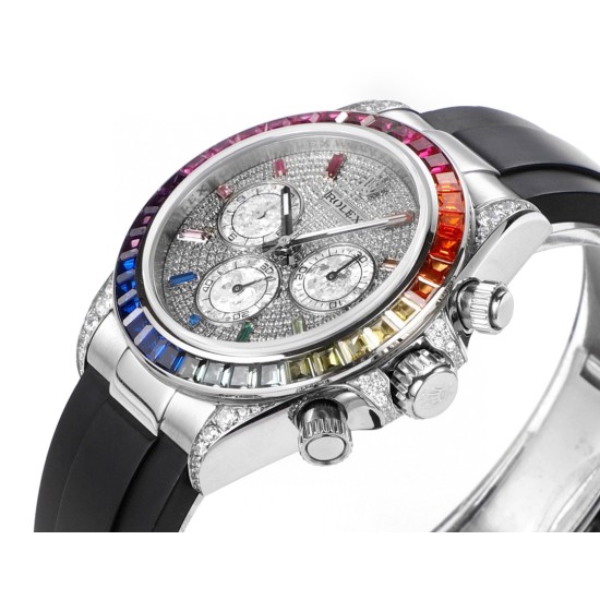 レインボーの頂上を飛び越える---ロレックス ROLEX レインボービーズのデイトナ プラチナメントの目、Cal.7750メカニカルクロノグラフ「二代目レインボーデイトナ」のケースとバンドは316Lステンレス鋼を使用しています。時計ケースのすべての細部は、さらに人工的な工程で磨き上げ、研磨され、検査されており、仕上がりは非常に精巧です。ビーズの角度と宝石の大きさ、数、色はレインボーのようにグラデーションしています。ガラスにはサファイアガラスを使用しており、透き通った鏡面効果があります。ムーブメントには77 レインボーの頂上を飛び越える---ロレックス ROLEX レインボービーズのデイトナ プラチナメントの目、Cal.7750メカニカルクロノグラフ「二代目レインボーデイトナ」のケースとバンドは316Lステンレス鋼を使用しています。時計ケースのすべての細部は、さらに人工的な工程で磨き上げ、研磨され、検査されており、仕上がりは非常に精巧です。ビーズの角度と宝石の大きさ、数、色はレインボーのようにグラデーションしています。ガラスにはサファイアガラスを使用しており、透き通った鏡面効果があります。ムーブメントには77
