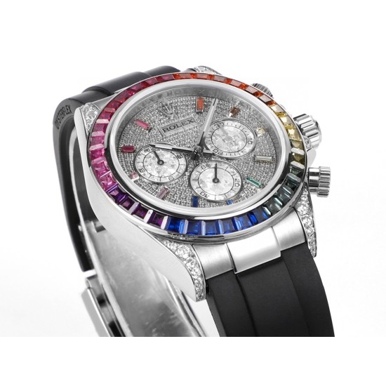 レインボーの頂上を飛び越える---ロレックス ROLEX レインボービーズのデイトナ プラチナメントの目、Cal.7750メカニカルクロノグラフ「二代目レインボーデイトナ」のケースとバンドは316Lステンレス鋼を使用しています。時計ケースのすべての細部は、さらに人工的な工程で磨き上げ、研磨され、検査されており、仕上がりは非常に精巧です。ビーズの角度と宝石の大きさ、数、色はレインボーのようにグラデーションしています。ガラスにはサファイアガラスを使用しており、透き通った鏡面効果があります。ムーブメントには77 レインボーの頂上を飛び越える---ロレックス ROLEX レインボービーズのデイトナ プラチナメントの目、Cal.7750メカニカルクロノグラフ「二代目レインボーデイトナ」のケースとバンドは316Lステンレス鋼を使用しています。時計ケースのすべての細部は、さらに人工的な工程で磨き上げ、研磨され、検査されており、仕上がりは非常に精巧です。ビーズの角度と宝石の大きさ、数、色はレインボーのようにグラデーションしています。ガラスにはサファイアガラスを使用しており、透き通った鏡面効果があります。ムーブメントには77