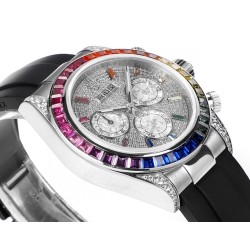 レインボーの頂上を飛び越える---ロレックス ROLEX レインボービーズのデイトナ プラチナメントの目、Cal.7750メカニカルクロノグラフ「二代目レインボーデイトナ」のケースとバンドは316Lステンレス鋼を使用しています。時計ケースのすべての細部は、さらに人工的な工程で磨き上げ、研磨され、検査されており、仕上がりは非常に精巧です。ビーズの角度と宝石の大きさ、数、色はレインボーのようにグラデーションしています。ガラスにはサファイアガラスを使用しており、透き通った鏡面効果があります。ムーブメントには77
