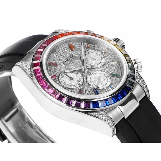 レインボーの頂上を飛び越える---ロレックス ROLEX レインボービーズのデイトナ プラチナメントの目、Cal.7750メカニカルクロノグラフ「二代目レインボーデイトナ」のケースとバンドは316Lステンレス鋼を使用しています。時計ケースのすべての細部は、さらに人工的な工程で磨き上げ、研磨され、検査されており、仕上がりは非常に精巧です。ビーズの角度と宝石の大きさ、数、色はレインボーのようにグラデーションしています。ガラスにはサファイアガラスを使用しており、透き通った鏡面効果があります。ムーブメントには77 レインボーの頂上を飛び越える---ロレックス ROLEX レインボービーズのデイトナ プラチナメントの目、Cal.7750メカニカルクロノグラフ「二代目レインボーデイトナ」のケースとバンドは316Lステンレス鋼を使用しています。時計ケースのすべての細部は、さらに人工的な工程で磨き上げ、研磨され、検査されており、仕上がりは非常に精巧です。ビーズの角度と宝石の大きさ、数、色はレインボーのようにグラデーションしています。ガラスにはサファイアガラスを使用しており、透き通った鏡面効果があります。ムーブメントには77