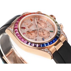 レインボーの頂上を飛び越える---ロレックス ROLEX レインボービーズのデイトナ プラチナメントの目、Cal.7750メカニカルクロノグラフ「二代目レインボーデイトナ」のケースとバンドは316Lステンレス鋼を使用しています。時計ケースのすべての細部は、さらに人工的な工程で磨き上げ、研磨され、検査されており、仕上がりは非常に精巧です。ビーズの角度と宝石の大きさ、数、色はレインボーのようにグラデーションしています。ガラスにはサファイアガラスを使用しており、透き通った鏡面効果があります。ムーブメントには77