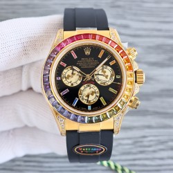 レインボーの頂上を飛び越える---ロレックス ROLEX レインボービーズのデイトナ プラチナメントの目、Cal.7750メカニカルクロノグラフ「二代目レインボーデイトナ」のケースとバンドは316Lステンレス鋼を使用しています。時計ケースのすべての細部は、さらに人工的な工程で磨き上げ、研磨され、検査されており、仕上がりは非常に精巧です。ビーズの角度と宝石の大きさ、数、色はレインボーのようにグラデーションしています。ガラスにはサファイアガラスを使用しており、透き通った鏡面効果があります。ムーブメントには77